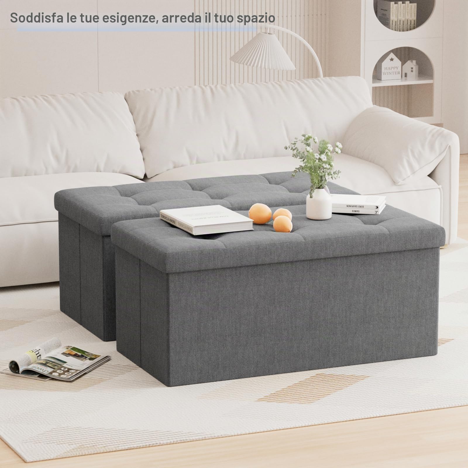 BRIAN & DANY Pouf Puff Pieghevole Stoccaggio Ottomano Poggiapiedi Sgabello Contenitore Cassapanca Pieghevole, Grigio Scuro - Tessuto Come Lino, 76 x 38 x 38 cm