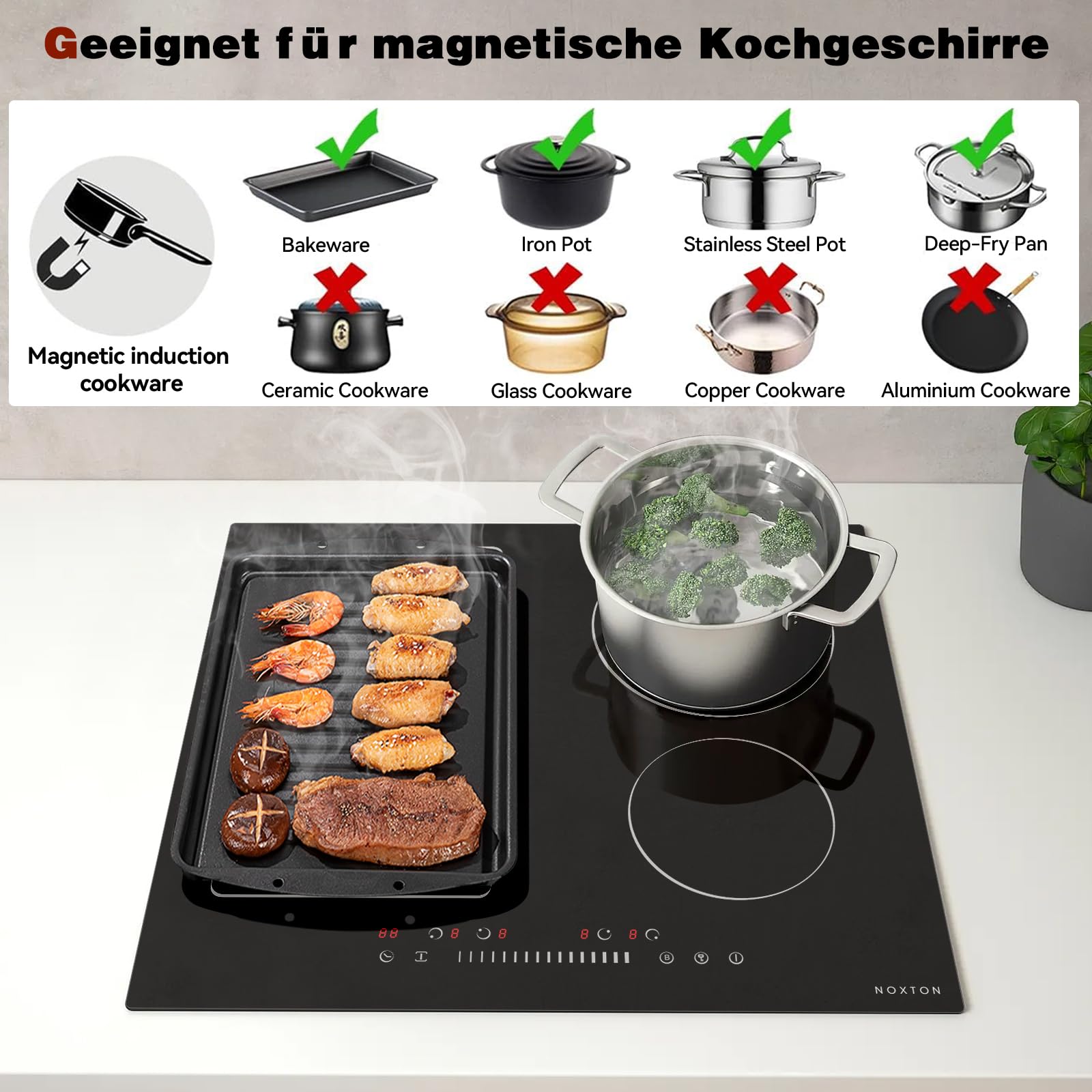 NOXTON Induktionskochfeld 60 cm, Autarkes Induktionsfeld 4 Platten, 7200W | Flexzonen, Kochfeld Induktion mit Schieberegler, Booster, Timer, Kindersicherung, 220V-240V, kein Stecker