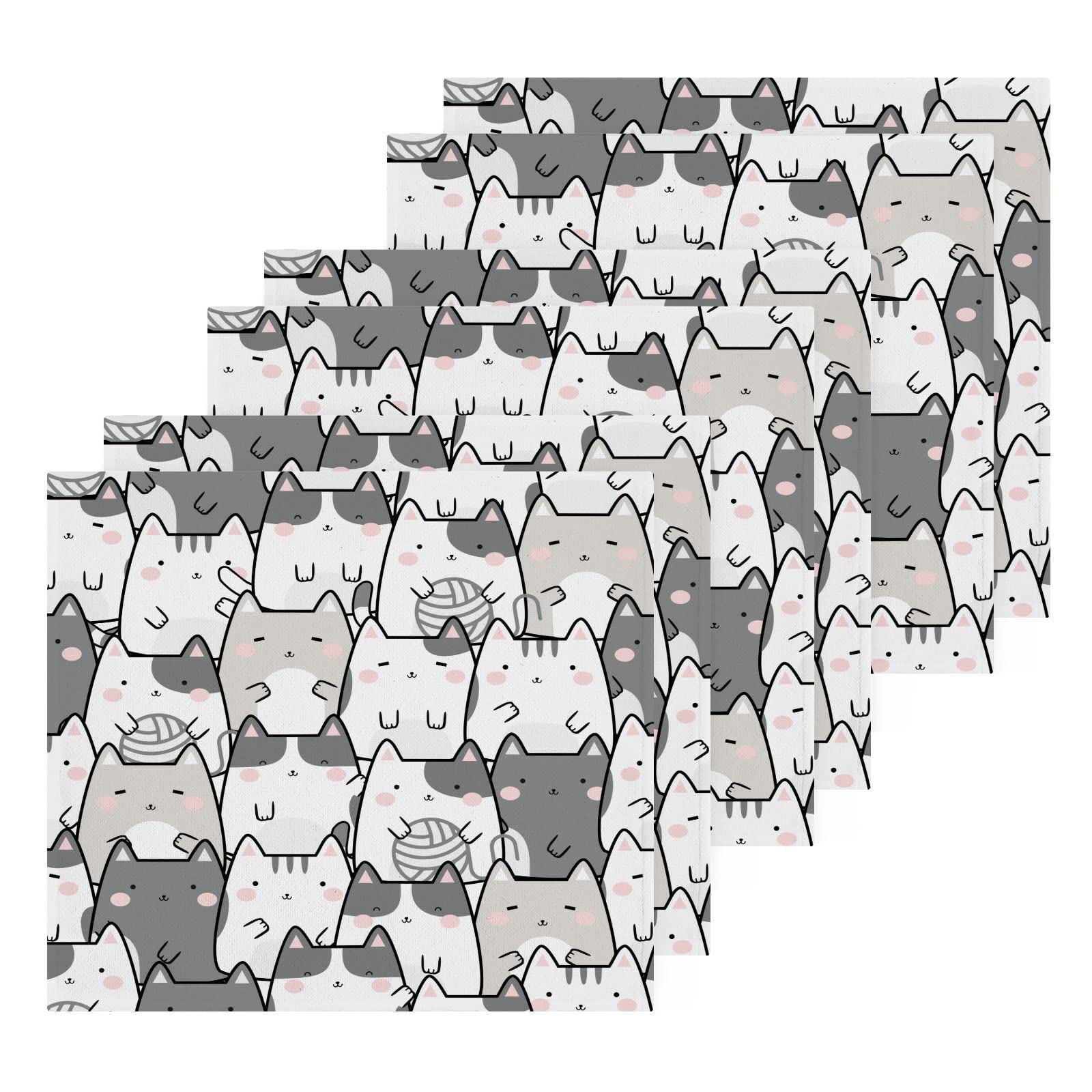 Kawaii Cute Cats Cotton Washcloths 6 Pack, Highly Soft & Absorbent Face Towels for Bathroom Hand Kitchen Gym Cleaning, 12 x 12 in