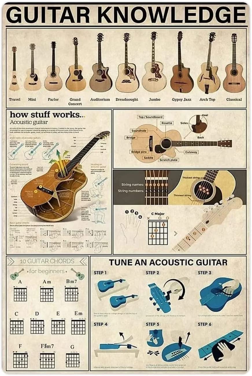 HLBSDM Guitar Knowledge Metal Tin Signs Guitar Infographics Retro Posters Guitar Beginner's Guide Plaques Music Classroom Club Room Home Wall Decor 8x12 Inches