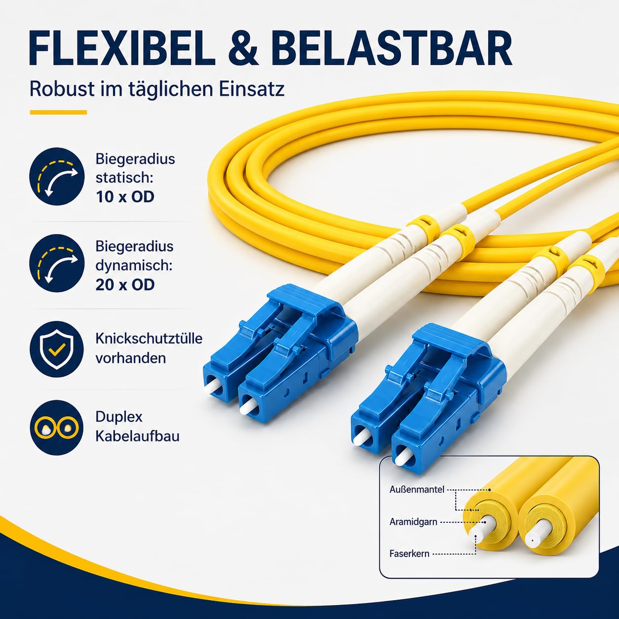 1aTTack.de 1 x 20 m OS1 / OS2 LWL DX DUPLEX kabel krosowy LC/UPC - LC/UPC SM SINGLEMODE - 9/125 µm LSZH żółty