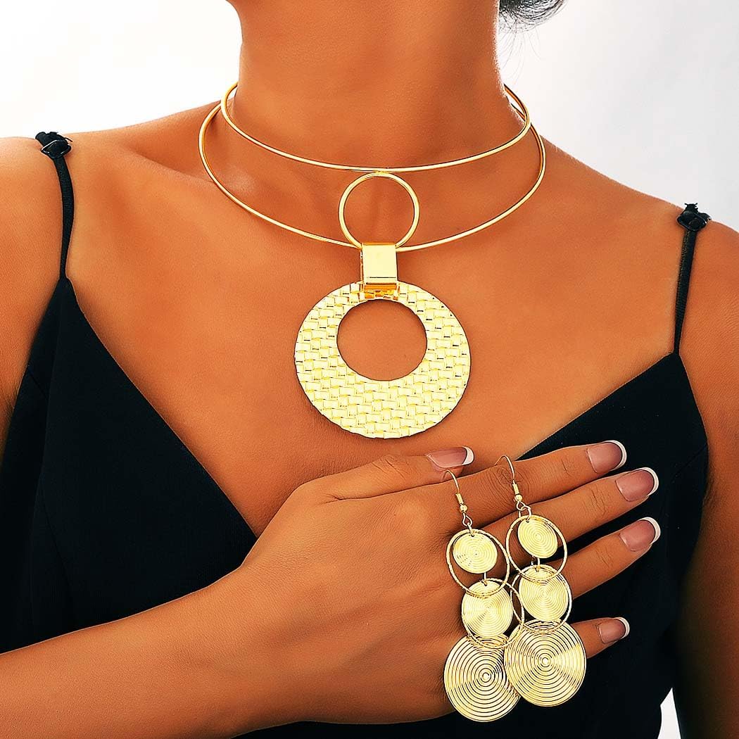 Gold African Choker Necklace Jewelry Set Africa Statement Pendant Necklaces Earring Sets for Women - Image 5