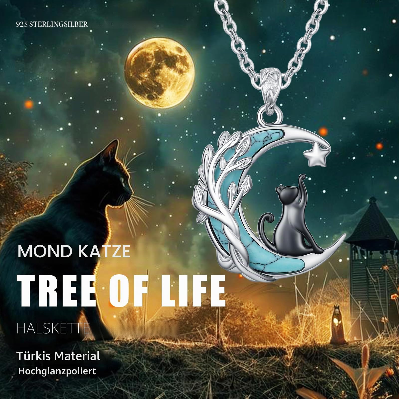 Katzen Halsketten für Damen 925 Sterling Silber Schwarzem Katzen Mondanhänger Katze Anhänger kette für Tierliebhaber Kätzchen Schmuck Geburtstags Geschenke für Mädchen