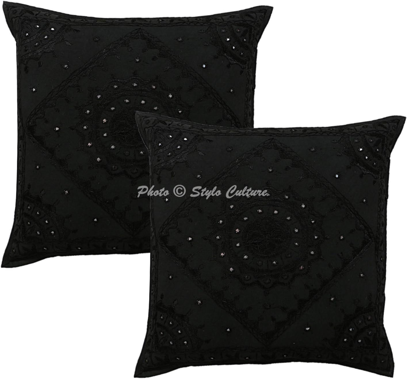 Indian Decorative Sofa Couch Toss Throw Pillow Cases 60x60 cm Cotton Bedroom Black Mirrored Embroidered Square Luxury Envelope Ethnic 24x24 Inch Cushion Covers - 2 Pcs