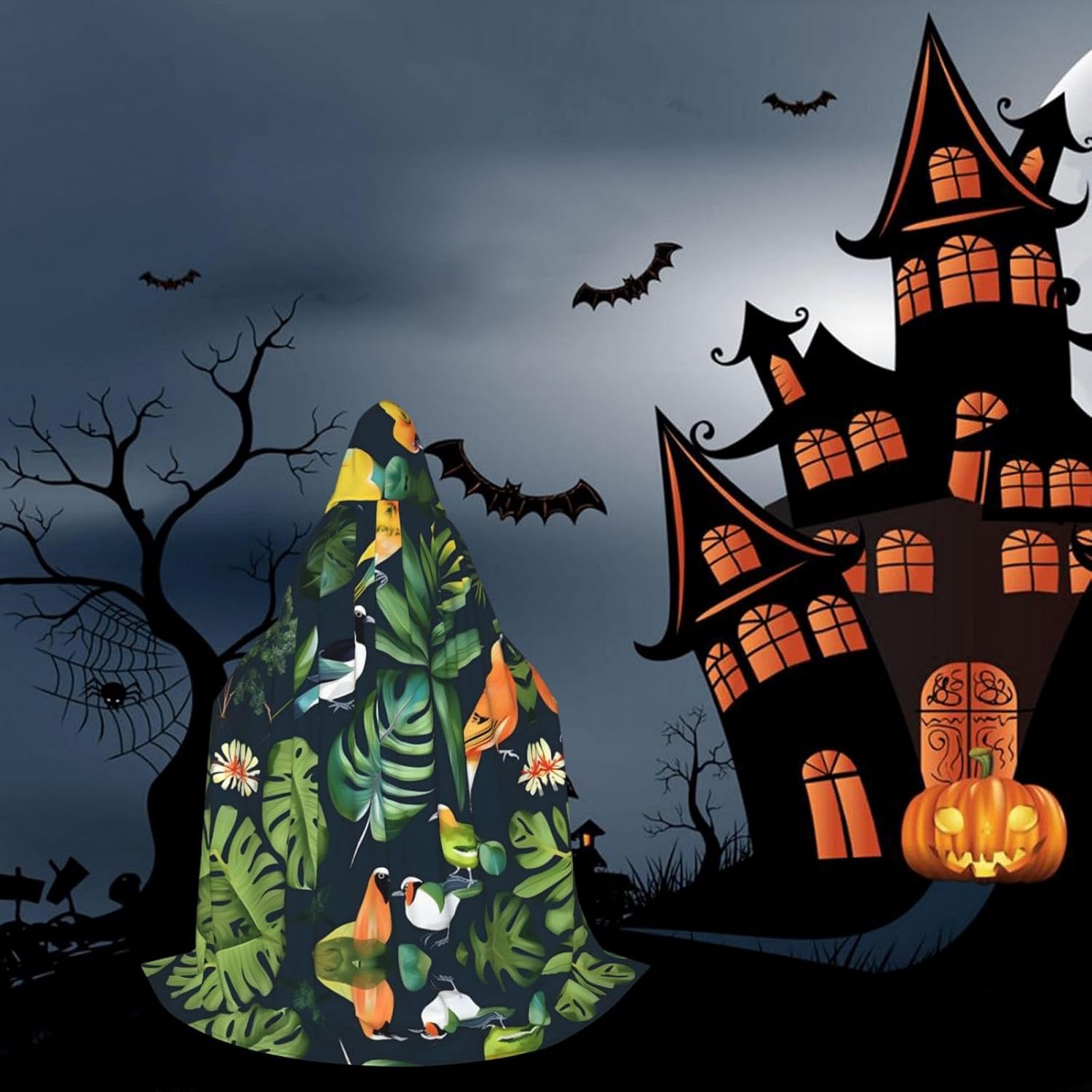 Tropical Birds Plant Leaf print Wizard Hooded Robe Medieval Cape Renaissance Cloak for Men Women Halloween Costume