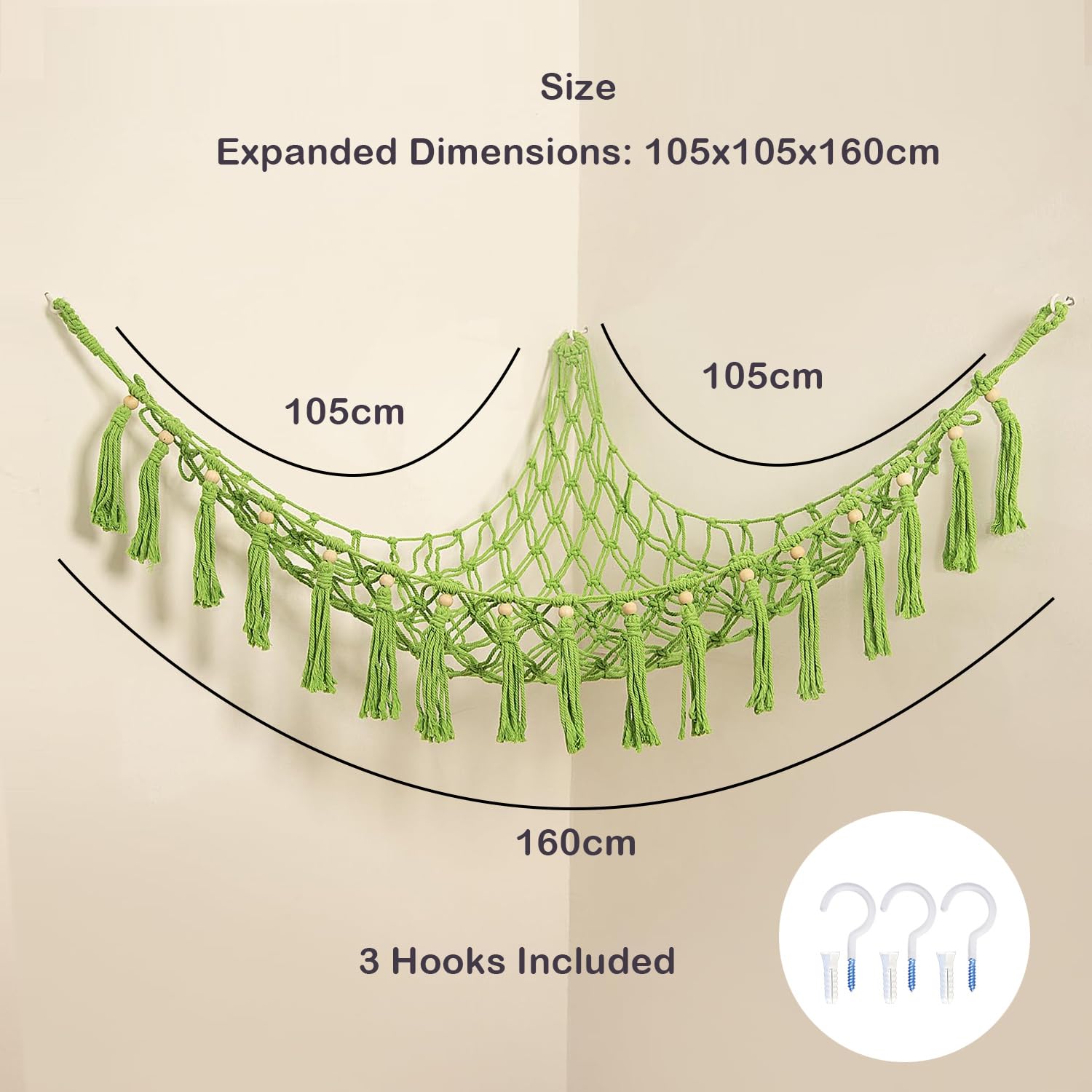 Amaca A Rete Per Peluche In Stile Boho – Macramè Verde Con Perline, Grande Capacità 99x150 Cm, Organizer Da Parete