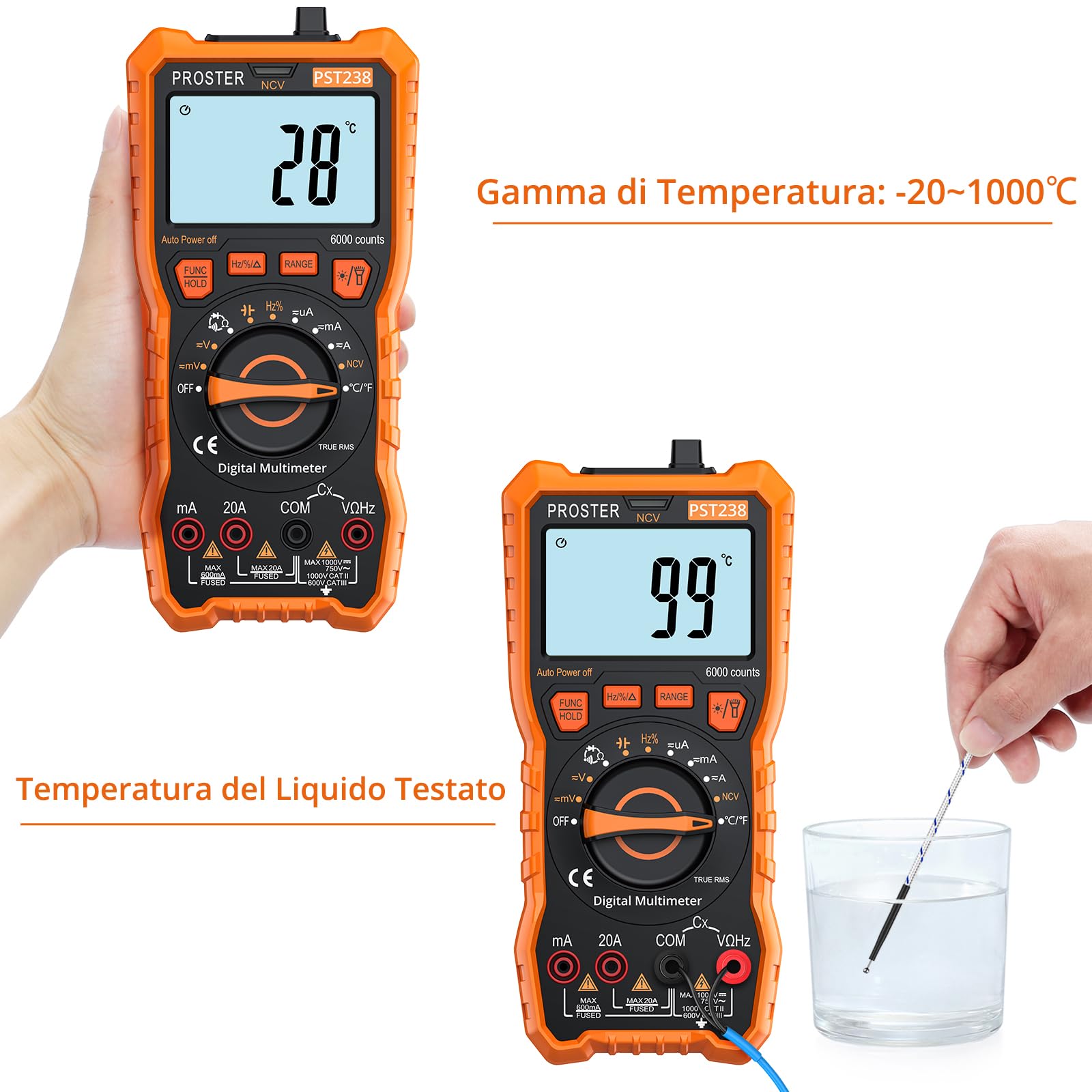Proster Multimetro Digitale 6000 Conteggi 20A 1000V TRMS Auto Range Rilevatore NCV Misuratore di Tensione Corrente DC AC Temperatura Capacità Resistenza Diodo Tester di Continuità con una Borsa