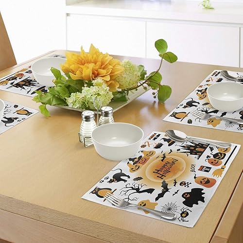 Miniatura 4 de Ambesonne Juego de 4 manteles individuales de Halloween, todos los objetos del día de las Reliquias, casa embrujada, búho y gato negro de dulce o