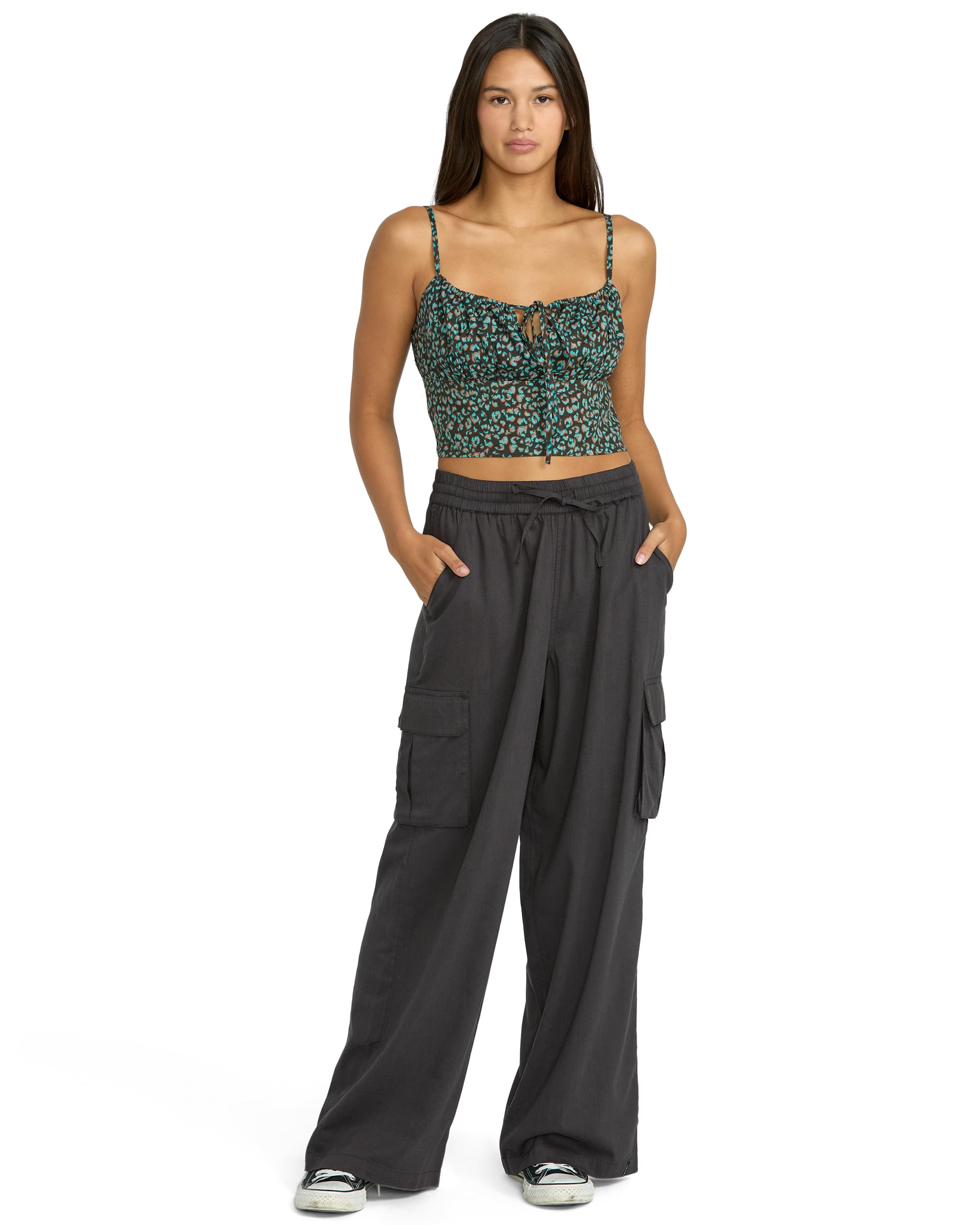 Volcom Women's Lived in Beach Pants – Relaxed Fit, Cargo Pockets, Elastic Waist & Metallic Back Badge