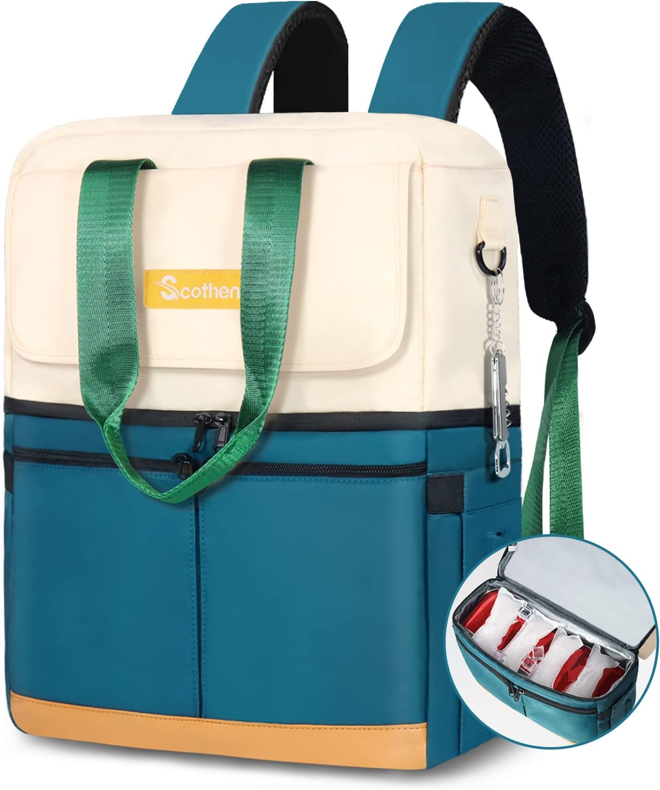 Scothen Backpack Cooler with Double Decker & 12 Ice Packs- Keeps 36 Cans Cold for Up to 24 Hours- Waterproof & Leak Proof Insulated Cooler Backpack- Stylish Lunch Backpack for Women Work Beach Picnic