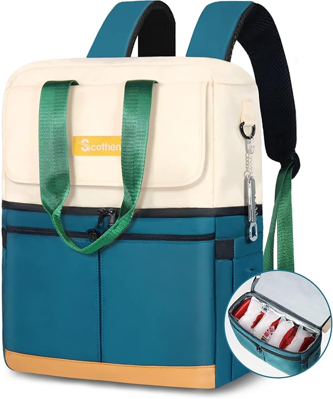 Scothen Mochila enfriadora con dos pisos y 12 paquetes de hielo - Mantiene 36 latas frías por hasta 24 horas - Mochila enfriadora aislada impermeable y a prueba de fugas - Elegante mochila enfriadora para mujeres, viajes, trabajo, playa