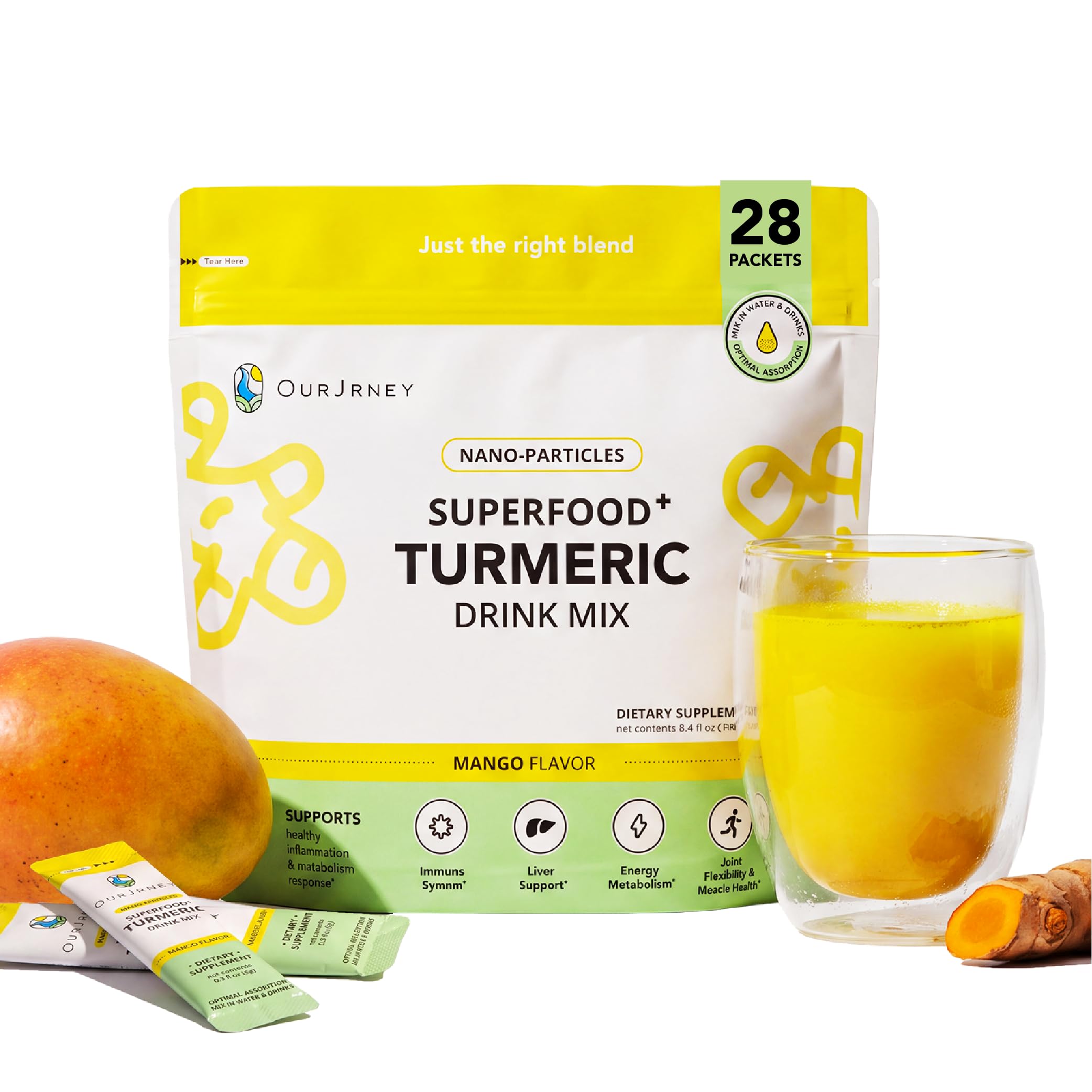 Nano Curcumin Turmeric Drink Mix Powder, 35X Higher Absorption, Mango 28pk