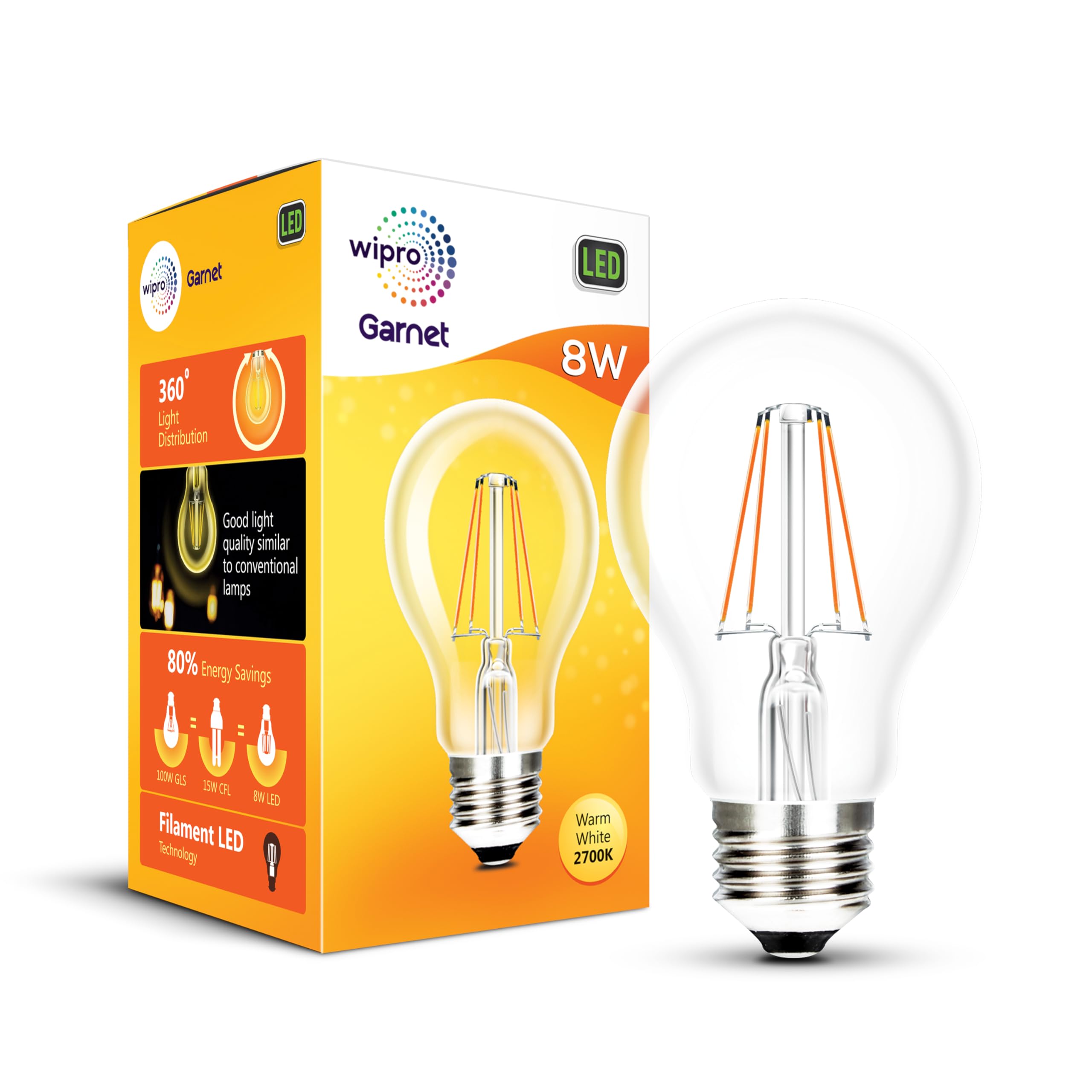 Wipro Garnet 8W A60 LED Filament Bulb | Decorative LED Bulb for Home & Office Decoration | Energy Efficient Filament Bulb comes with In-Built Surge Protection | E27 Bulb, 2700K(Warm White, Pack of 1)-image-15