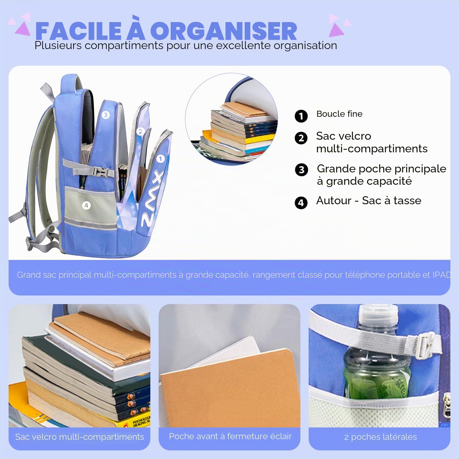 Amythe Cartable École Ados Filles 8 à 15 ans Collège Grand 46L, Bleu Clair | Imperméable Réfléchissant Léger Ergonomique Bleu Clair Daypack Multi-Poches Spacieux Robuste pour École Voyage Randonnée