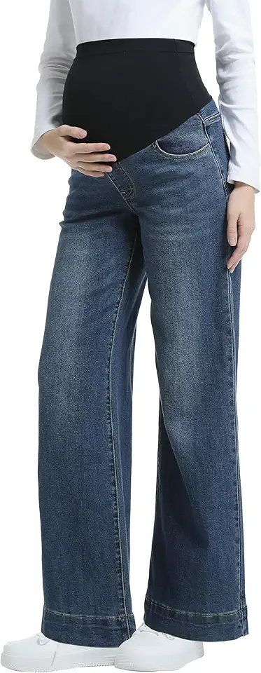 Calça jeans feminina para gestantes, perna larga, suporte sobre a barriga, stretch para gravidez, calça larga solta com bolsos