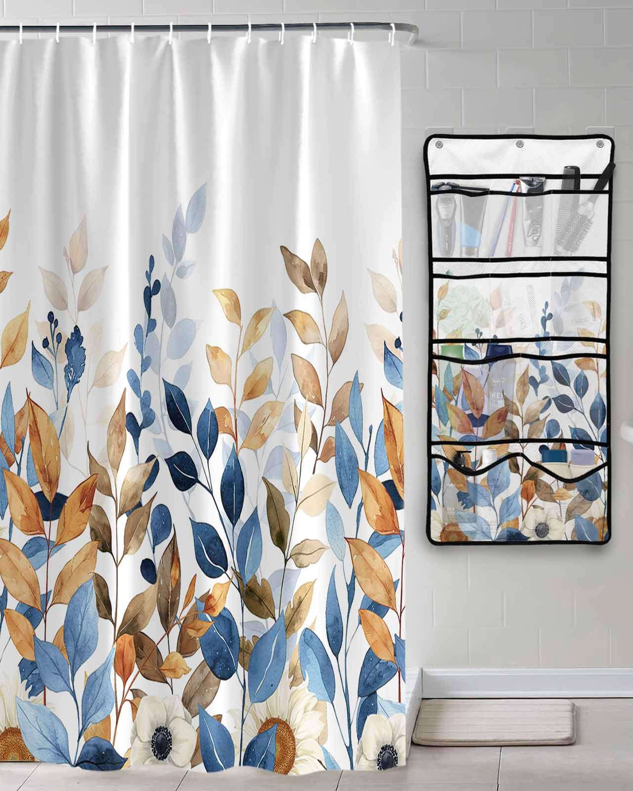 Decorative Shower Curtain Sets Eucalyptus Leaf Polyester Fabric Waterproof Bath Shower Curtains Fall Flowers Leaves Texture White Mesh