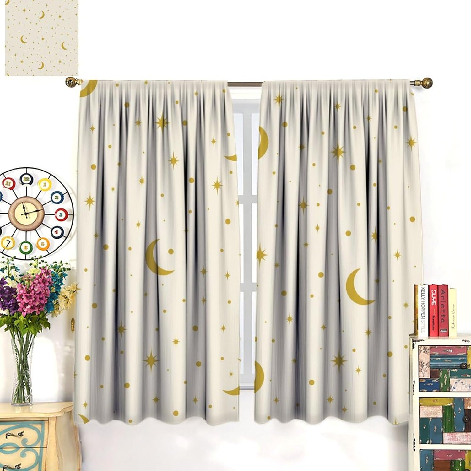 Star White Curtains - Cute Gold Star Moon Curtains Rod Pocket Foil Print Drapes for Kids Room Playroom Bedroom Living Room 55x63in