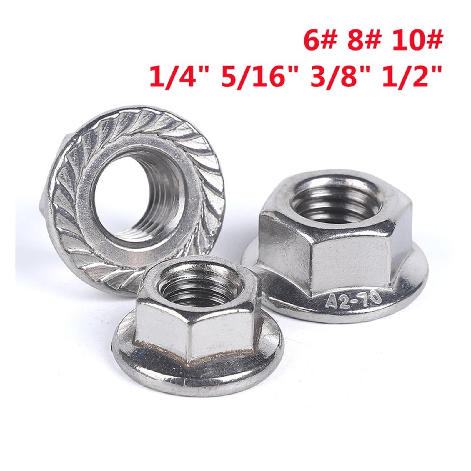 Tuercas Contratuercas Tuerca de sujeción, DIN6923 1/4 5/16 3/8 1/2 6# 8# 10# UNC 304 Acero inoxidable A2-70 Tuerca de bloqueo de metal hexagonal dentada deslizante Spinlock)(1 4 28 UNF(10pcs))