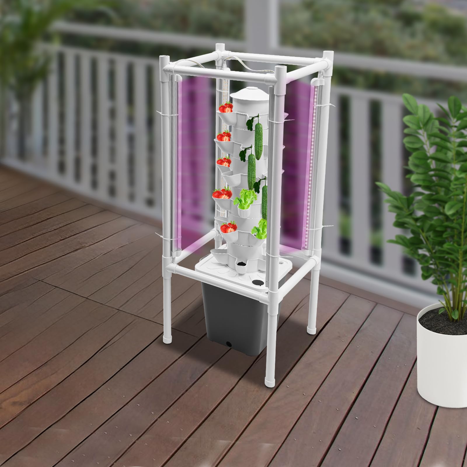Kit de cultivo hidropónico vertical de 6 capas, kit de cultivo hidropónico LED, kit de germinación vertical con bomba de agua y depósito de agua de 2,64 Gal, 39 x 39 x 97 cm, gris