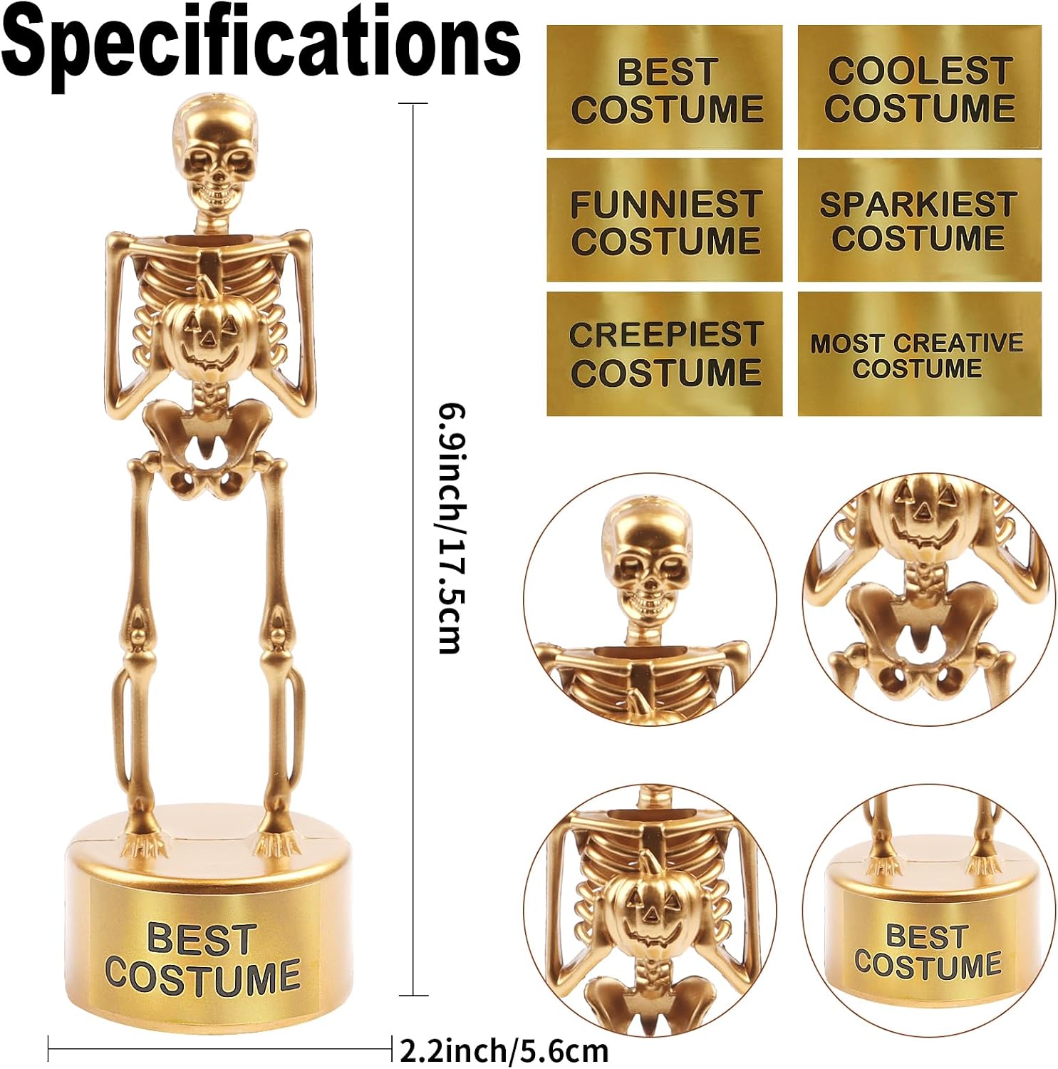 FOIMAS Halloween Best Costume Skeleton Trophy,6 Pack Halloween Skull Costume Contest Awards Gold Bones Game Prize for Kids Adult Halloween Costume Event Trophy School Classroom image 2