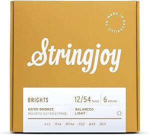 Stringjoy BB1254 Brights 80/20 Bronze Acoustic Guitar Strings, (Light Gauge - 12-54)