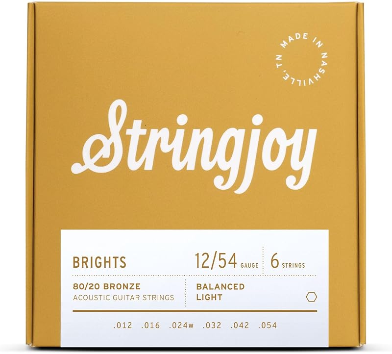 Stringjoy Brights 12-54 Balanced Light Gauge 80/20 Bronze Acoustic Guitar Strings - Acoustic 6-String Set - Shimmering Vintage Tone with Optimal Tension & Output for All Musical Styles, 1-Pack