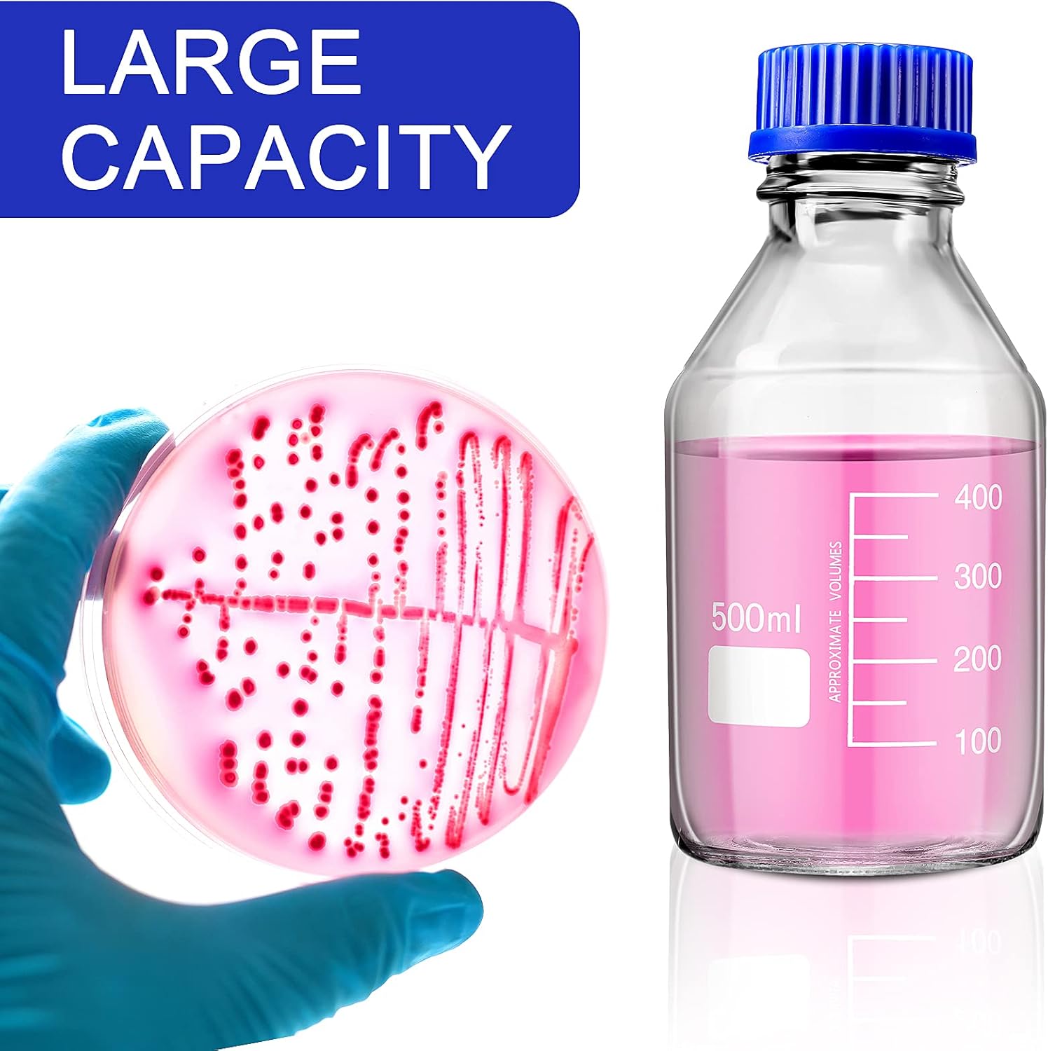 Patelai 4 Pieces Glass Round Media Storage Glass Bottles Borosilicate Media Bottles with GL45 Blue Screw Cap for Lab Water Reagent Liquids(500 ml)