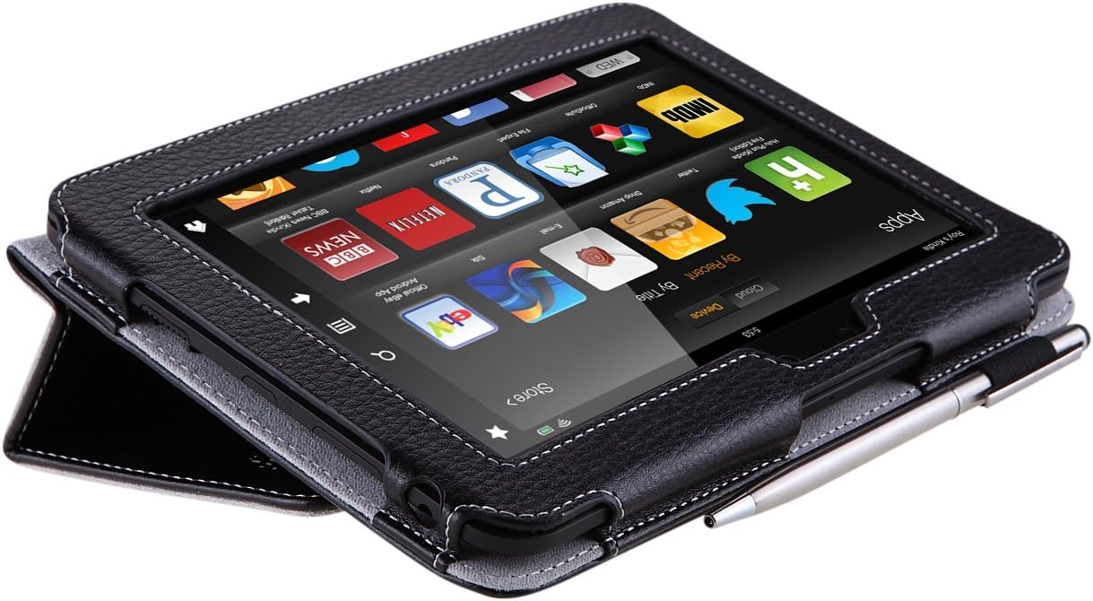 i-BLASON Kindle Fire HD 7" inch Tablet Leather Case Cover/Stylus (with Smart Cover Function: Automatically Wakes and Puts The Kindle Fire HD to Sleep) (16GB WiFi) 3 Year Warranty (Black)