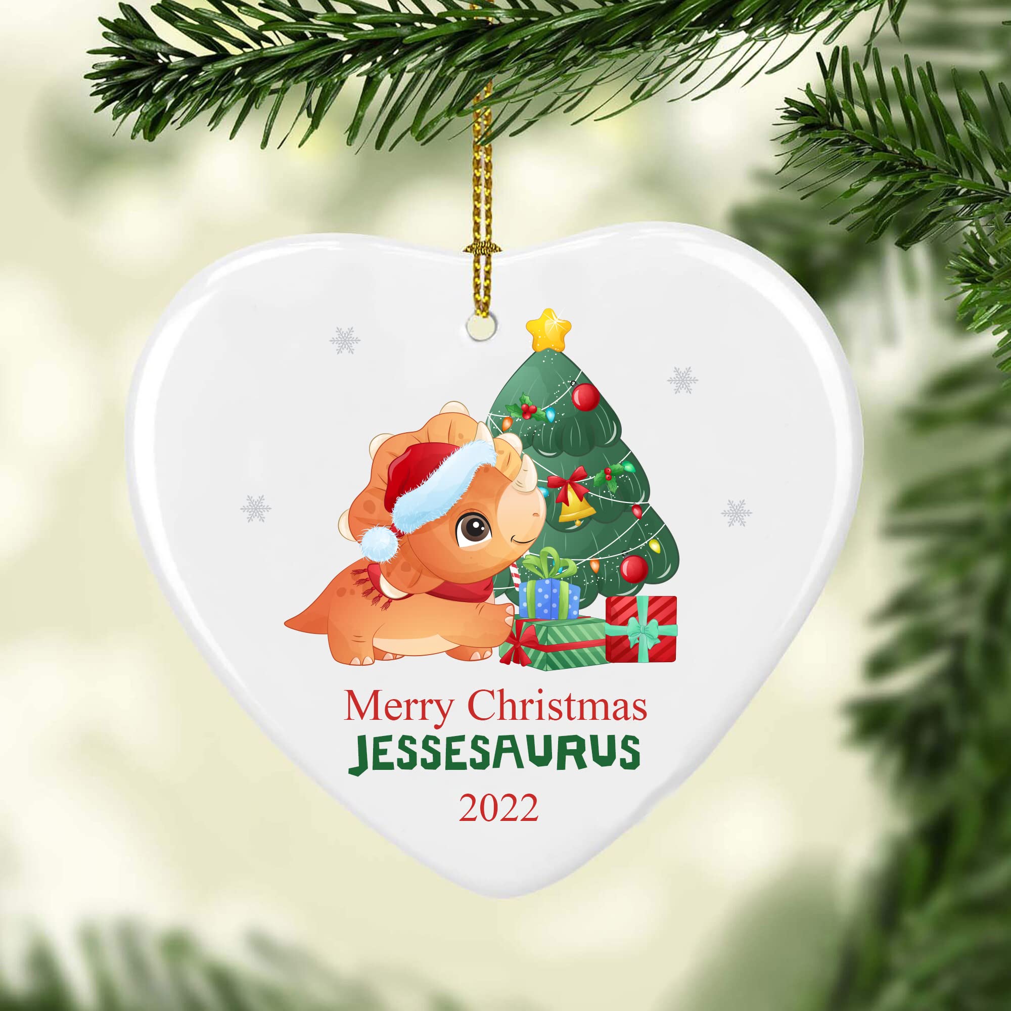 Personalized Dinosaur Christmas Ceramic Ornament - Custom Dinosaur and Name, Cute Dinosaur Ornament, White
