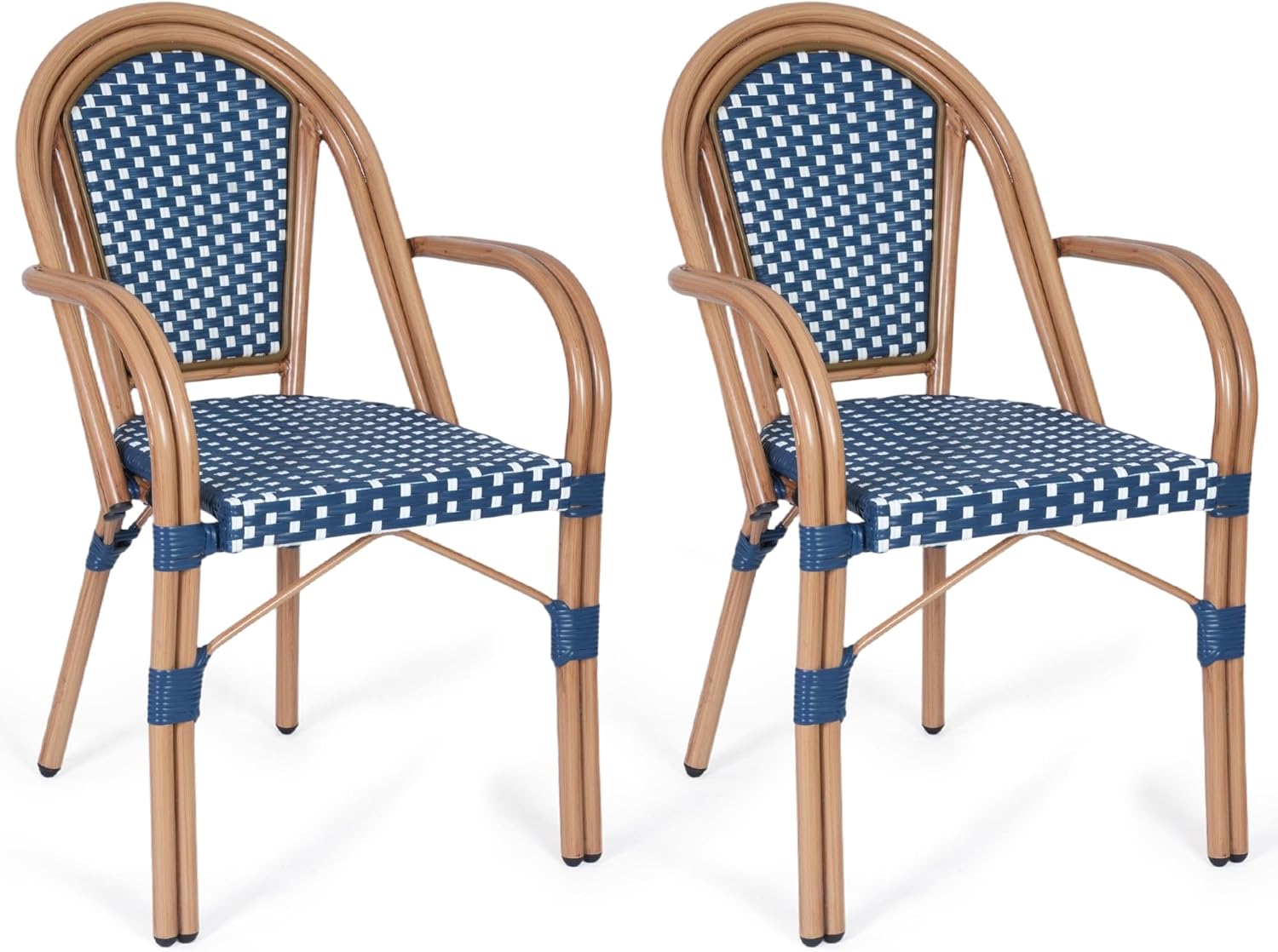 Patio French Chairs Set of 4, Outdoor Hand-Woven PE Wicker Armless Dining Chairs w/Metal Frame, Rattan Bistro Chairs for Front Porch Garden Deck Balcony Poolside, White/Blue