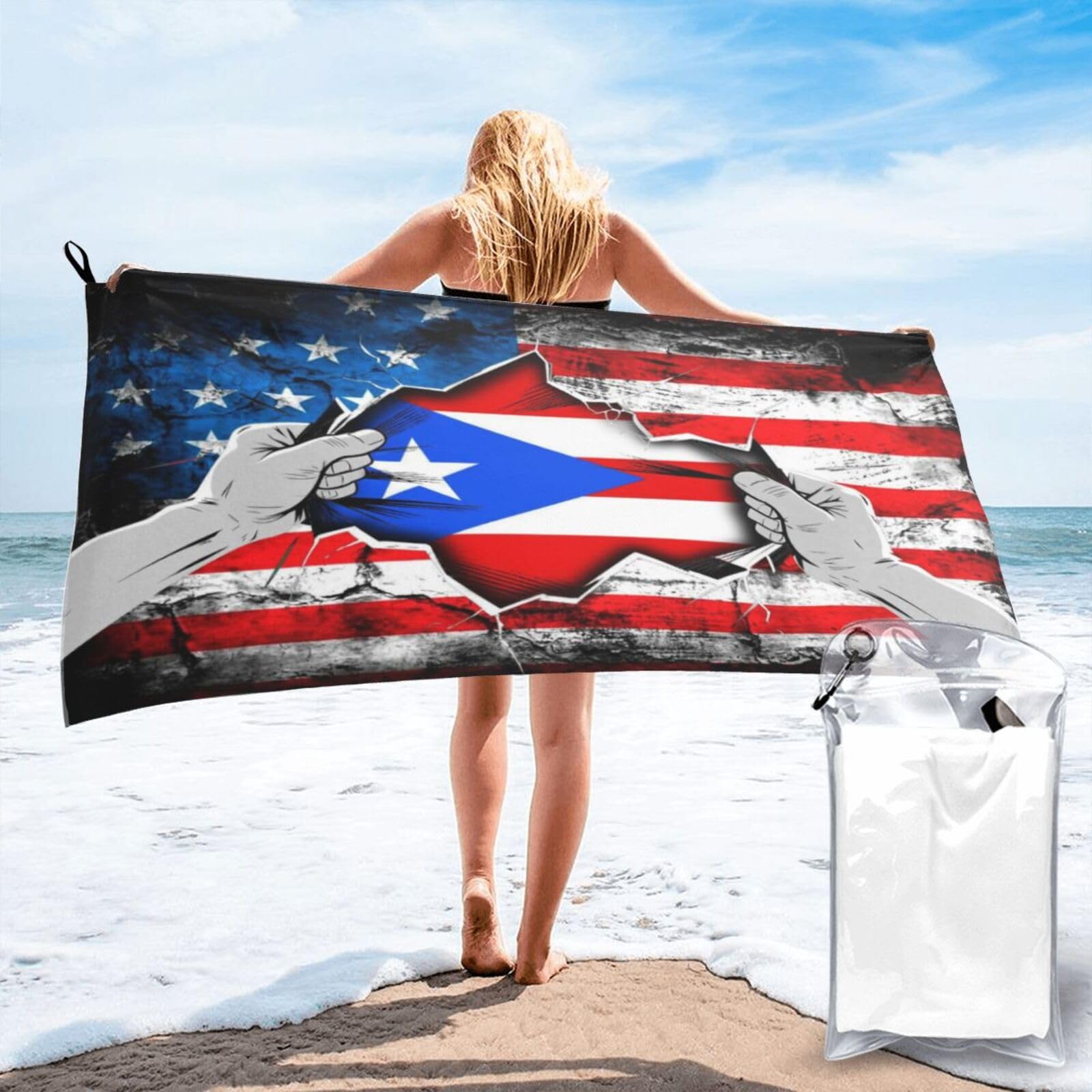HACXZ American and Porto Rico Flag Vintage Beach Towel Lightweight Absorbent Beach Towel Microfiber 31.5"X63"