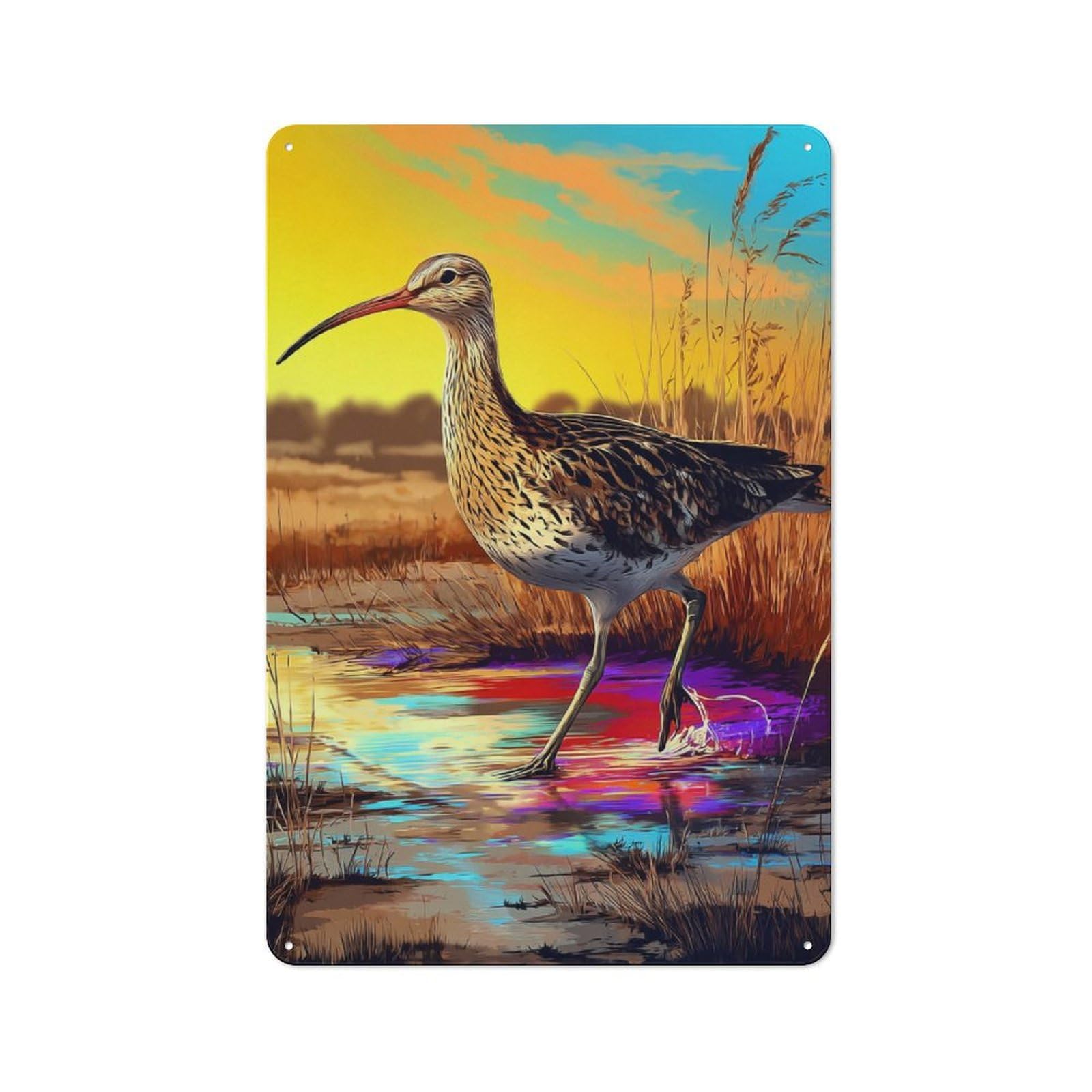 Junmoney Whimbrel In Sunset Marshland Retro Metal Sign With Design 30X20cm, Distressed Look Retro Room Decor For Living Room, Hallway, Kitchen Or Cafe