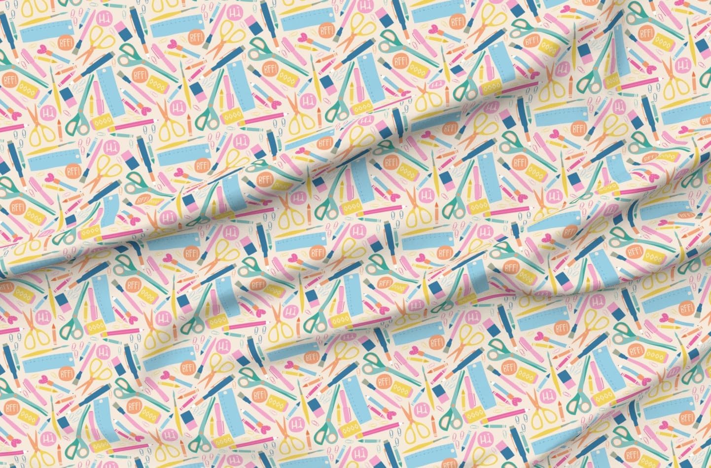 Spoonflower Fabric - School Supplies Doodle Yellow Blue Pink Scissors Pencils Pens Printed on Petal Cotton Fabric Fat Quarter - Sewing Quilting Apparel Crafts Decor