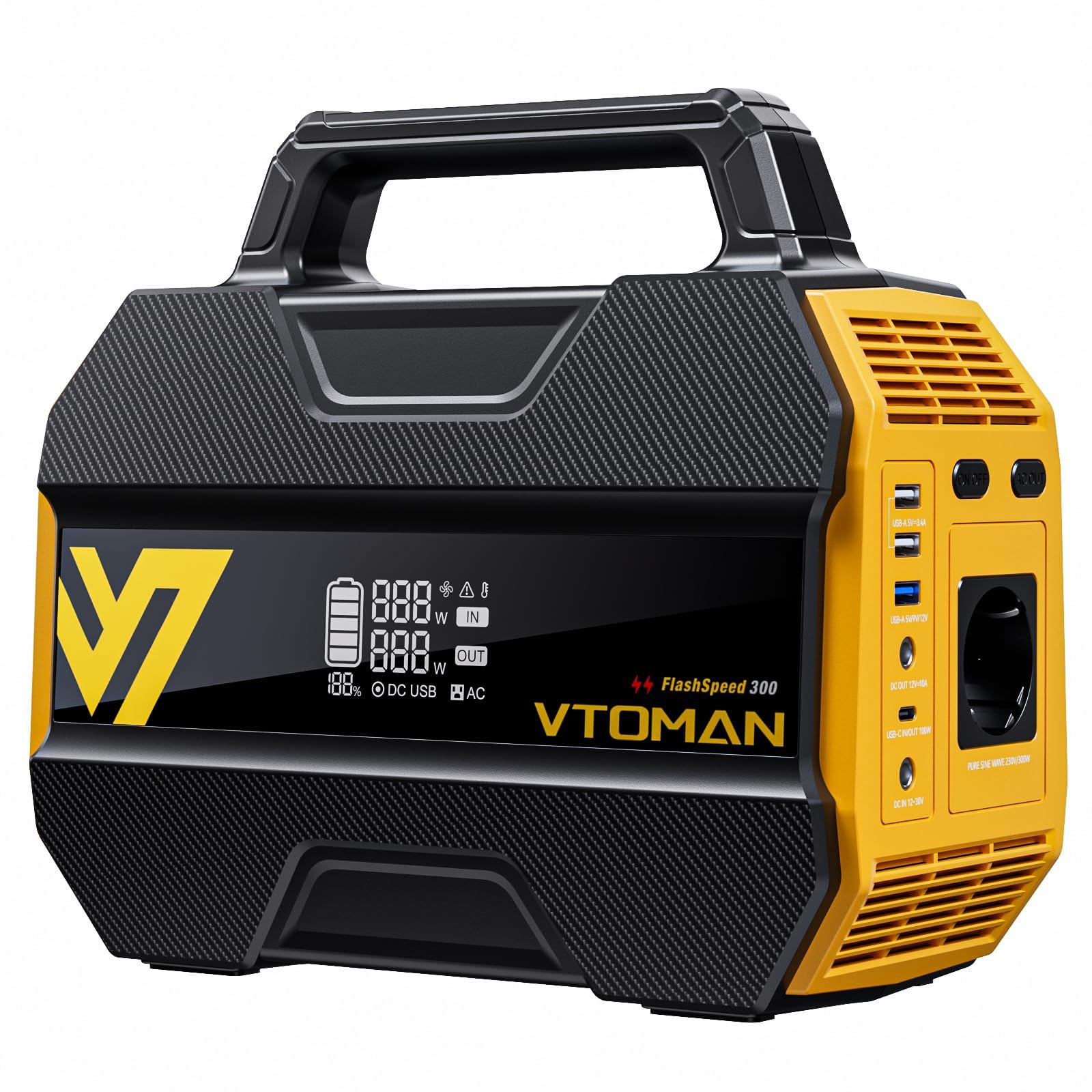 VTOMAN FlashSpeed 300 Station Électrique Portable, LiFePO4 230Wh, 3,18 kg | 300W (Pico 600W) Charge Rapide, Générateur Solaire, Sorties 100W USB-C/230V AC pour Camping, Domestique, Pêche