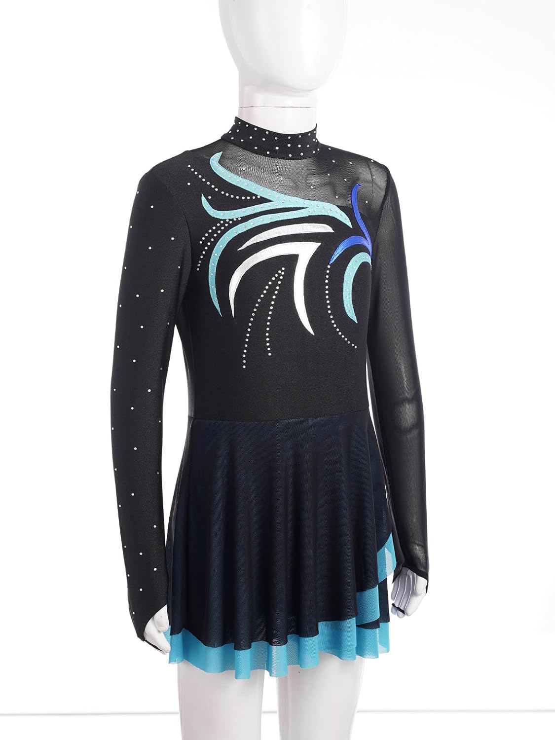 Shinsto Kids Girls Figure Skating Dress Long Sleeve Rhinestone Sheer Mesh Gymnastics Leotard Dresses