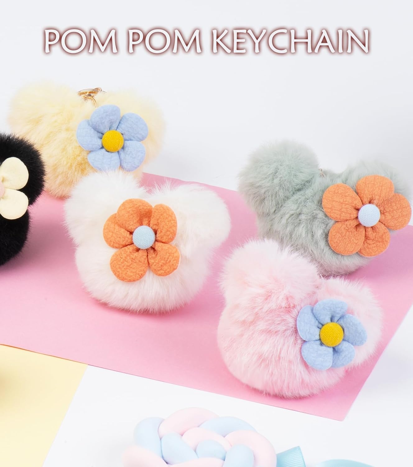 Keychain Wristlet, Bag Charms, Purse Charms, Pom Pom Keychain Cute Soft Artificial Rabbit Fur Plush Fluffy Ball Key Chain (Pink Key Chain) - Image 5