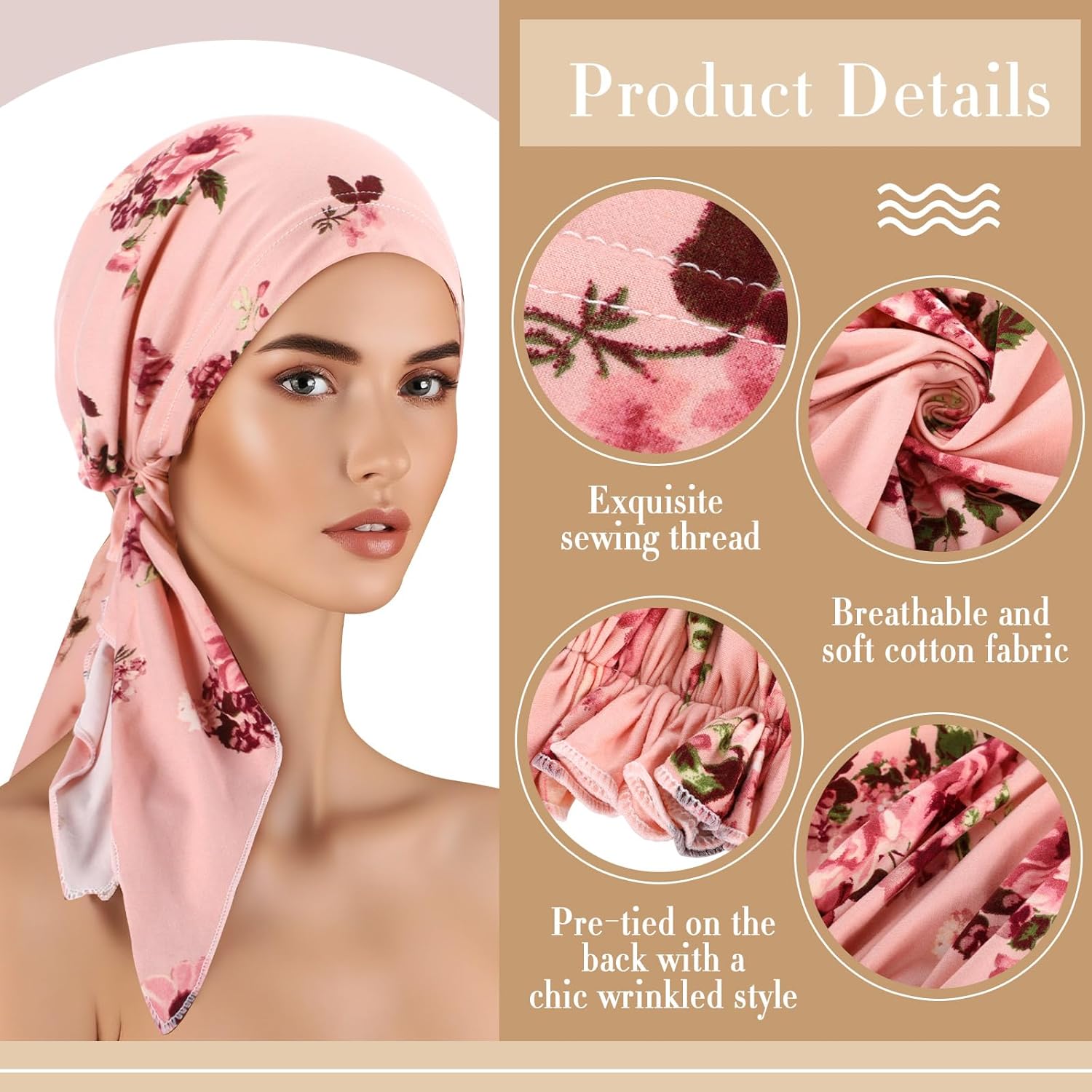 6 Pcs Chemo Headwear for Women Pre Tied Head Scarf Beanies Cover Cap Lightweight Stretch Ruffle Print Turban Hat - Image 3