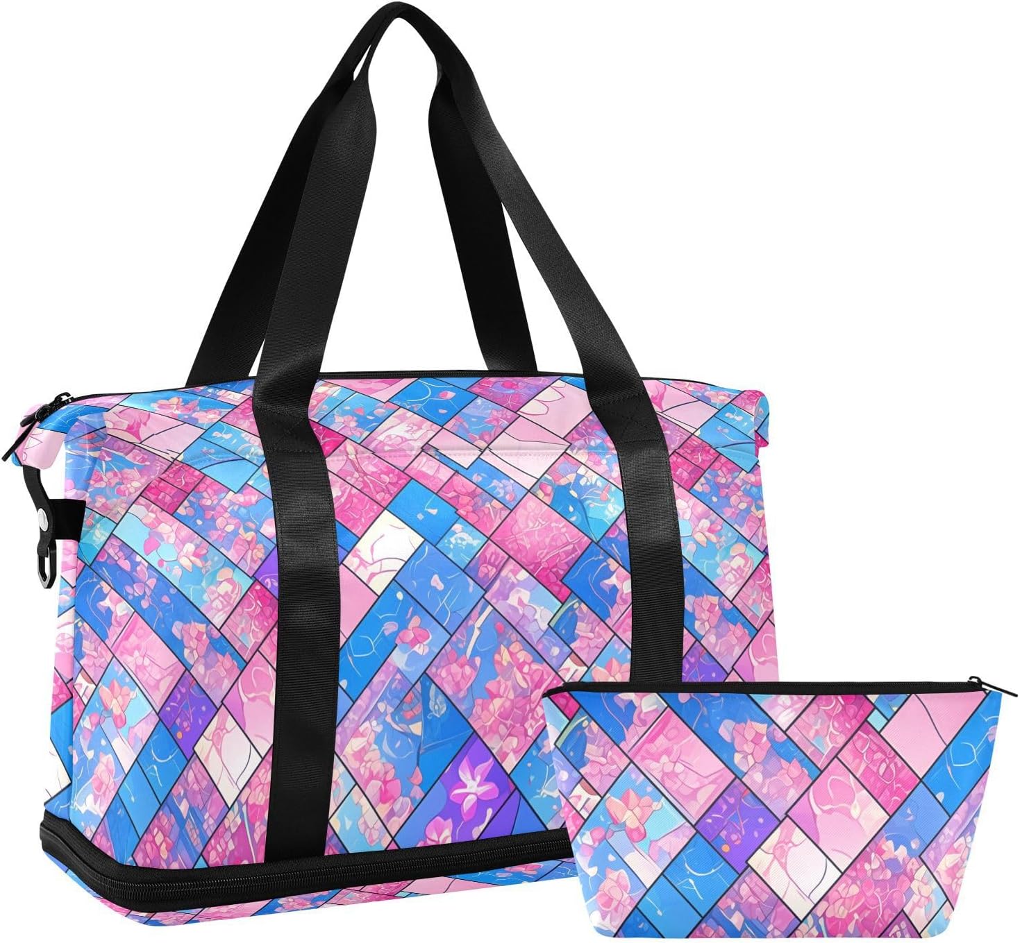 Stained Glass Anime Valentines Foldable Gym Tote Bag Shoulder Weekender Overnight Bag with Adjustable Strap for Hiking