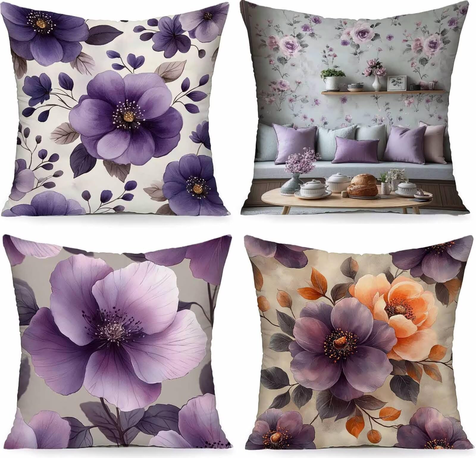 Housse coussin 55x55 cm en lin violet avec motifs floraux durables
