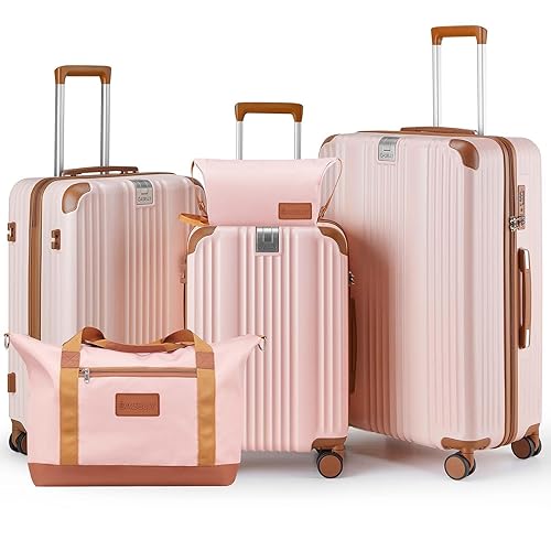 CASELLY Luggage Set 3 Piece with Cup Holder,Hardshell TSA Lock Spinner Wheels Carry on Lightweight Suitcase，Hook and YKK Zippers for Valentine Gifts(Pink, 5 piece sets(20/24/28/DB/TB)) - Pink - 5 Piece Set (20/24/28/DB/TB)