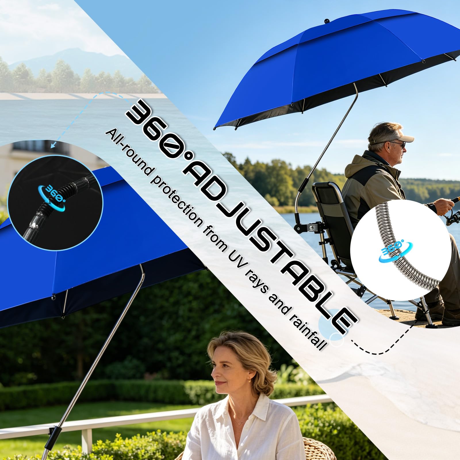 Paquete de 2 paraguas para silla de 1,2 m con abrazadera universal, paraguas ajustable de 360° para silla de playa, silla de patio al aire libre, silla de ruedas, carritos de golf, protección