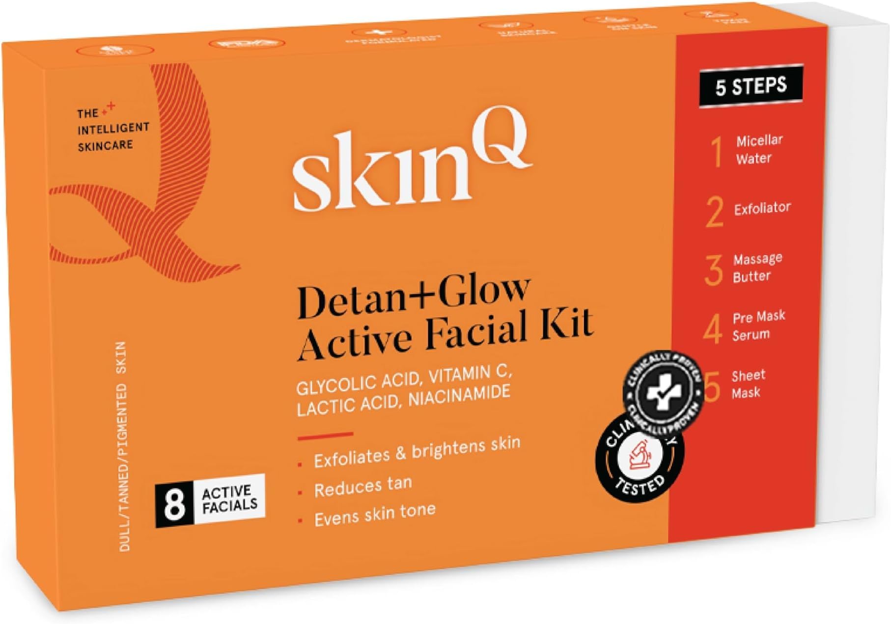SkinQ Detan+Glow Active Facial Kit with Vit C & Niacinamide for Men & Women (Single Use) | Helps Reduce Tan, Unclogs Pores, Smoothens & Brightens Skin | Skin Care Kit Suitable for All Indian Skin Types