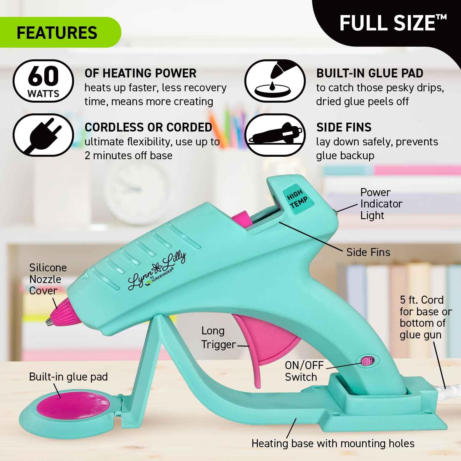 Surebonder Lynn Lilly Edition - Kit per pistola per colla a caldo senza fili con colla a caldo multiuso e stick di colla ad alta resistenza, colore: blu