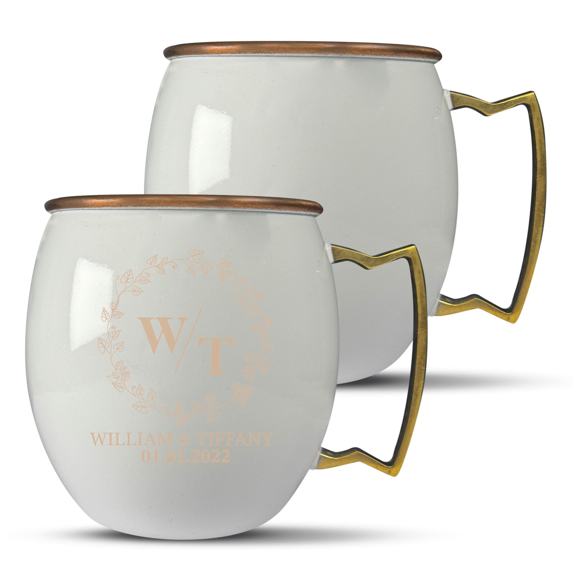 Custom 100% Copper Moscow Mule with Smooth Painted Finish - Engraved Bar Style Copper Cup with Personalize Monogram Themed Engraving, Brass Handle | 18 oz, White | Set of 2