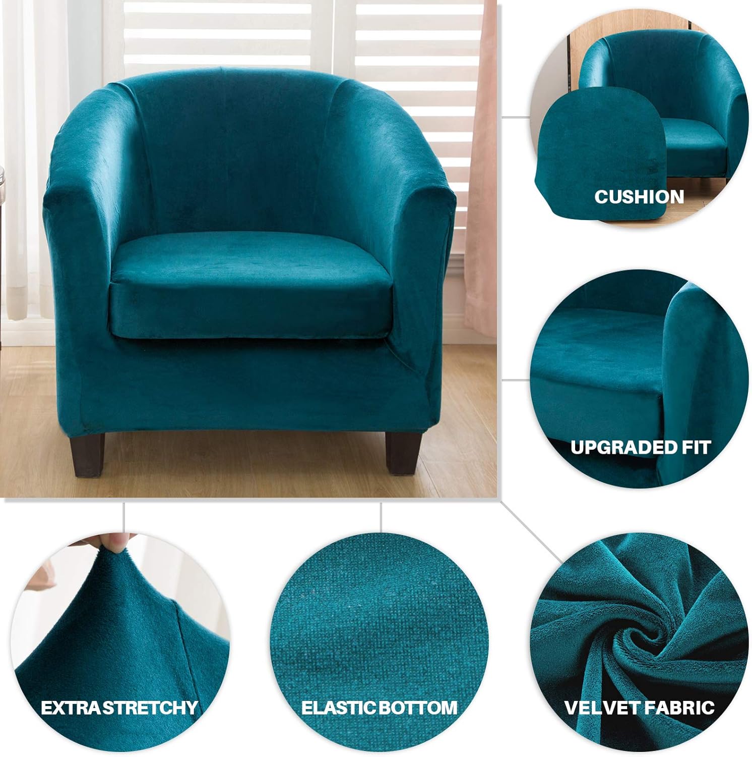 MIFXIN Tub Chair Slipcover 2-Piece Velvet Barrel Club Chair Covers with Cushion Cover Stretchy Soft Washable Armchair Sofa Couch Furniture Protector for Living Room Bar Counter Hotel (Teal)