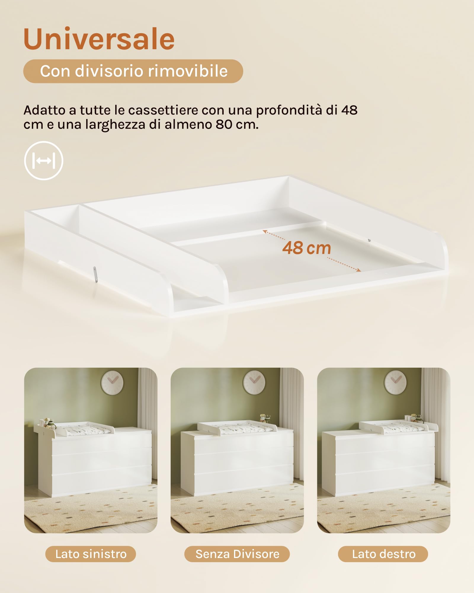 WOLTU Fasciatoio per Cassettiera Universale, Piano Fasciatoio con Divisorio Rimovibile, Fissaggio Sicuro con Pezzi Metallici, in MDF, Bianco