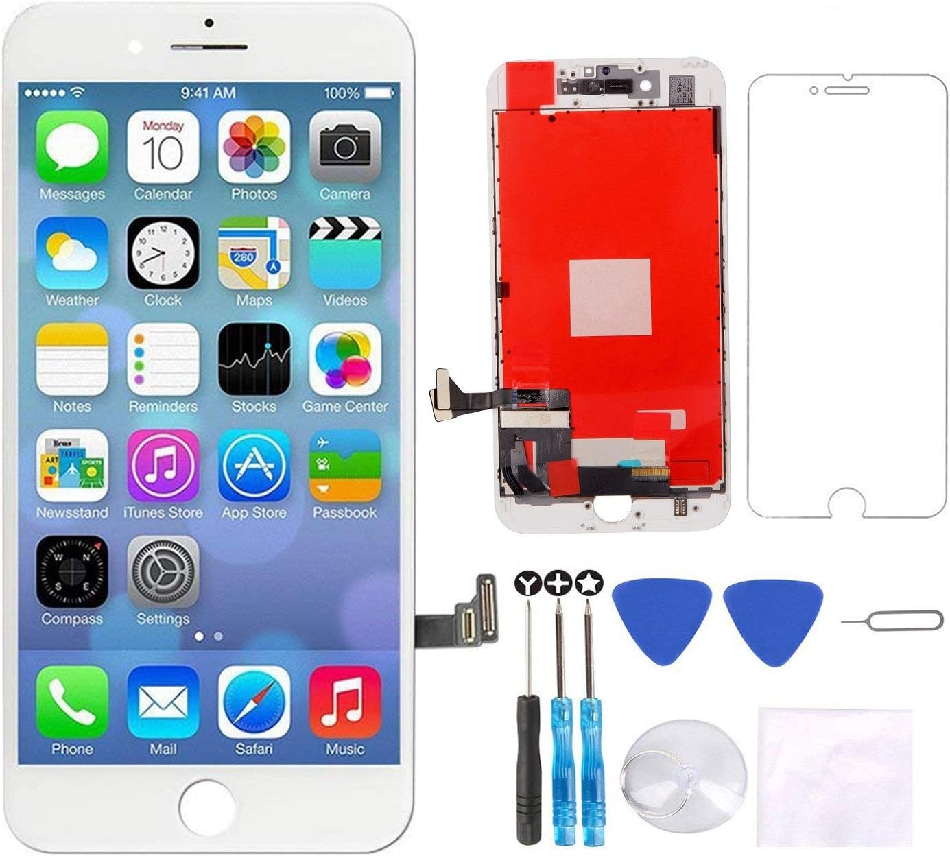 for iPhone 7 Screen Replacement White 4.7 inch, 3D Touch LCD Display & Touch Screen Digitizer Frame Assembly Set with Repair Tool Kit + Free Screen Protector