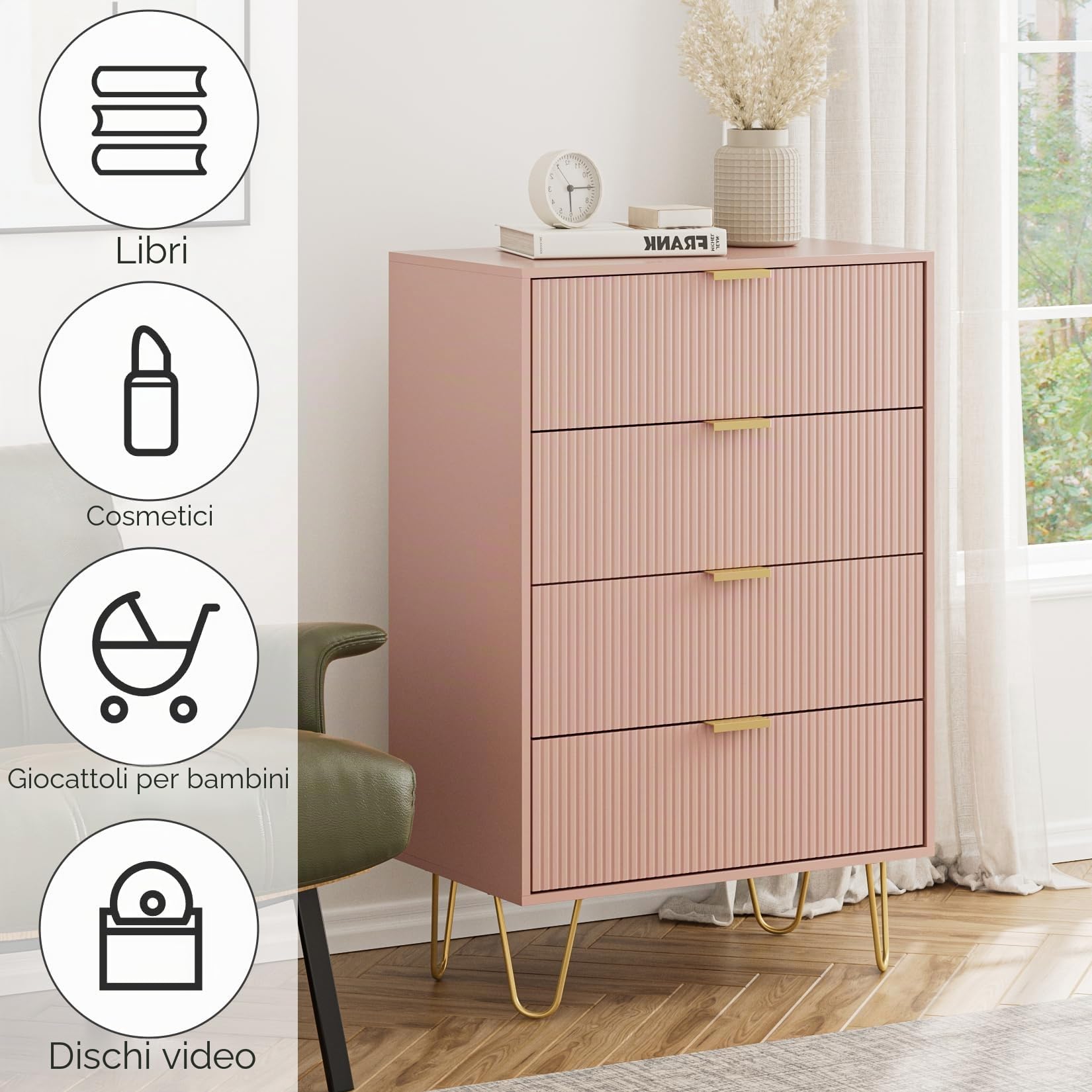HEYZOEY Cassettiera con 4 cassetti, 34 x 60 x 91 cm, in legno con gamba dorata, moderna bohémien, per camera da letto, corridoio, soggiorno, rosa