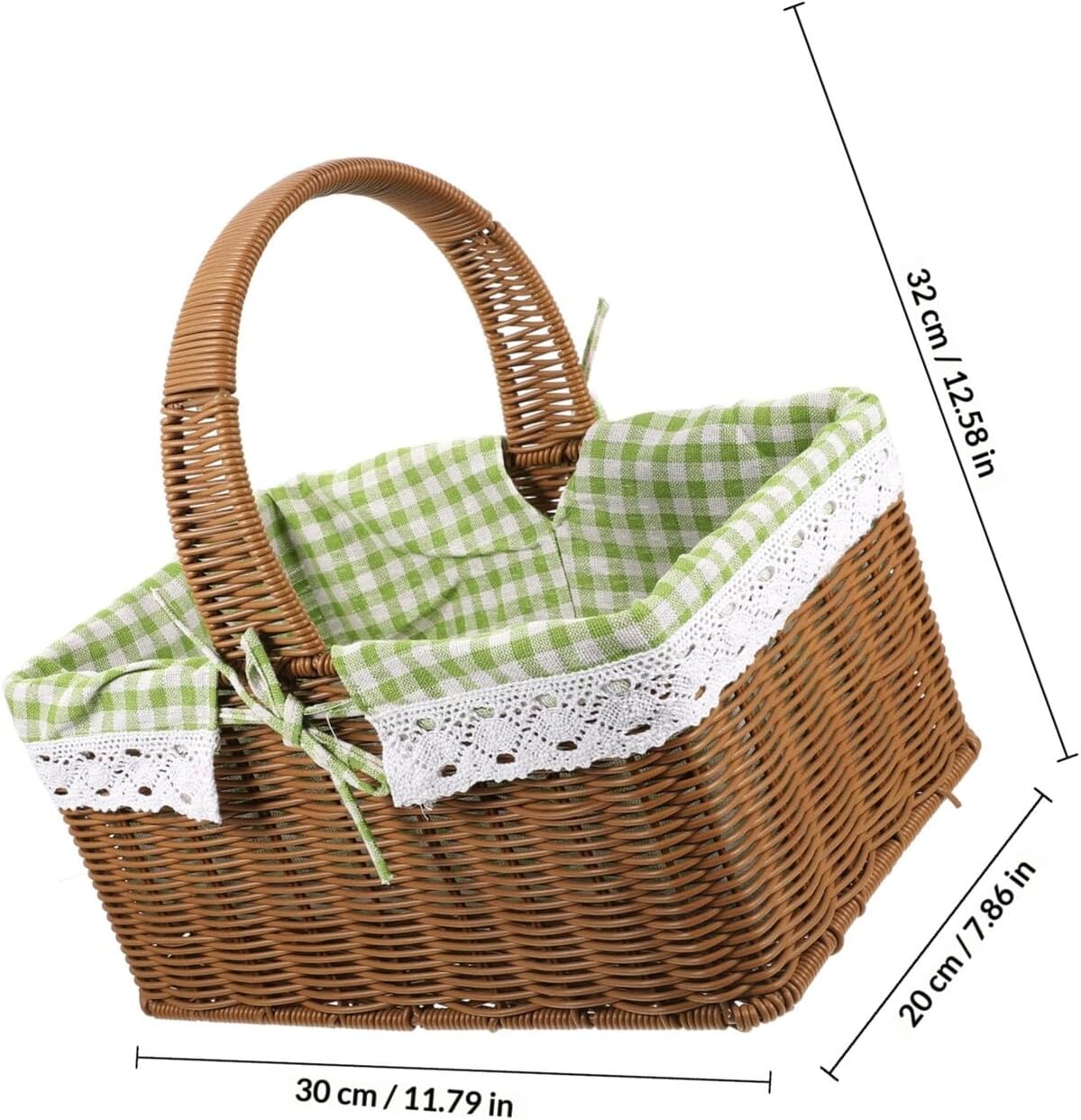 Woven Picnic Basket Handheld Fruit and Vegetable Basket for Outdoor Picnic and Garden Use Small Green Checkered Hand-Woven Design