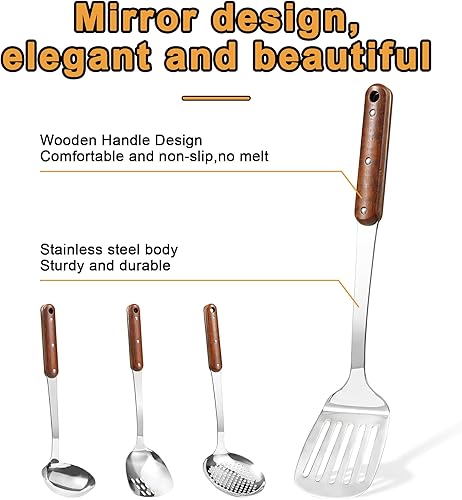 Miniatura 2 de FJNATINH Espátula Wok de acero inoxidable, espátulas ranuradas, cucharón, juego de herramientas de cucharón de espumadera, utensilios de cocina